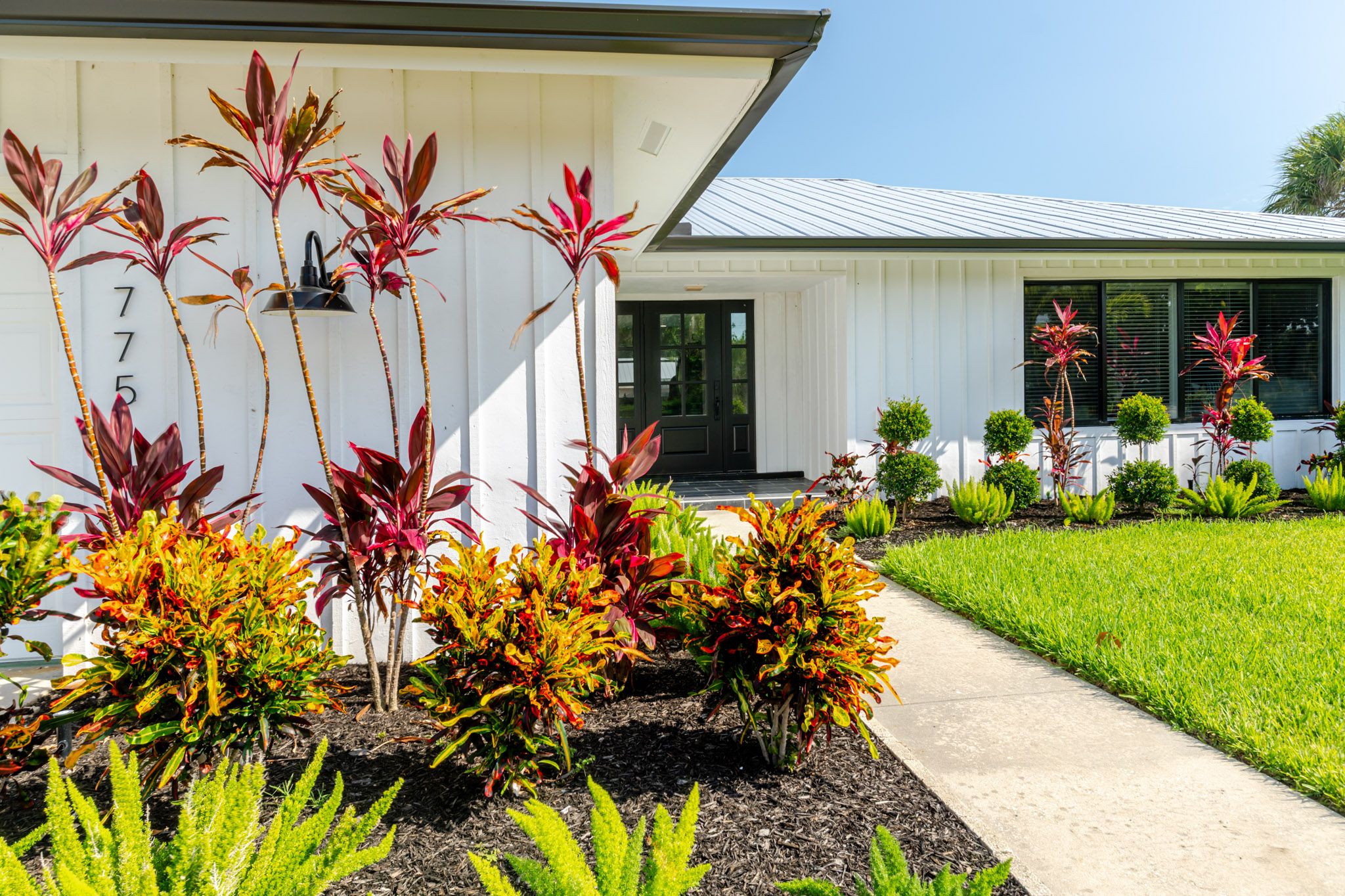 Exterior view with landscaping and palm trees.